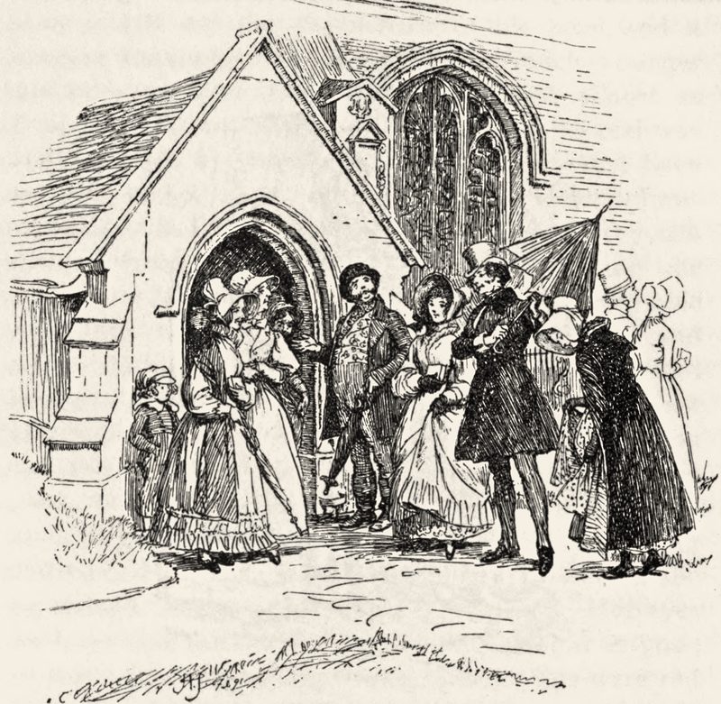 Line drawing: ladies in bonnets and gentlemen leave a village church after the service