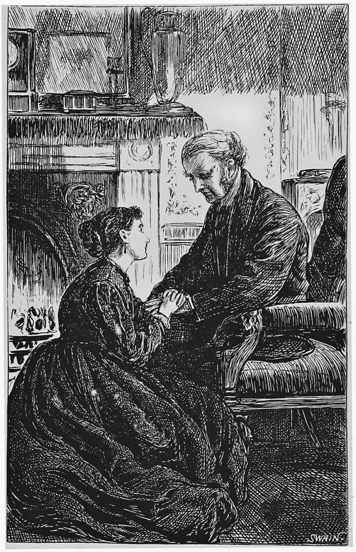 Engraving: a young woman seated by a fireside holds the hand of an older man