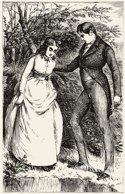 Wood engraving: a young woman in a white dress and a young gentleman at the edge of woodland water